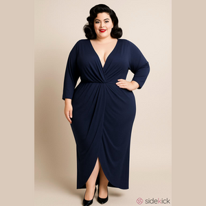 Unique Vintage Retro Dolman Maxi Dress 3X Blue Elastic Waist Wrap Low V Neck